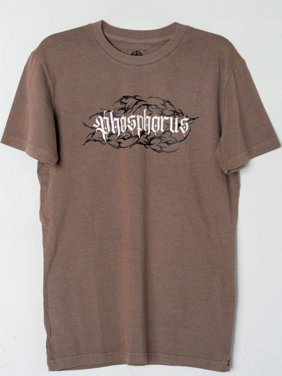 Brown t-shirt with 'Ember Tee' logo on a black tribal background.