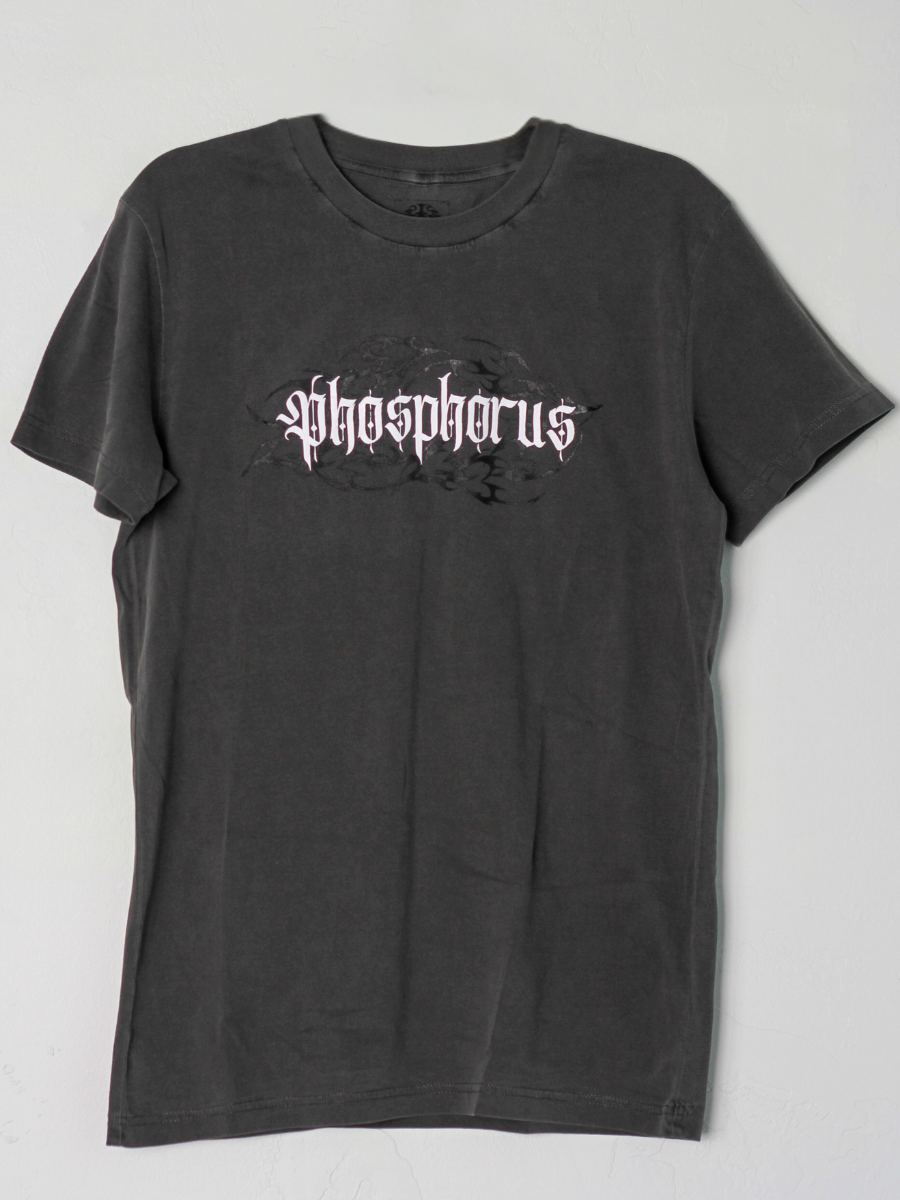 Dark Gray shirt with 'Ember Tee' logo on a black tribal background.