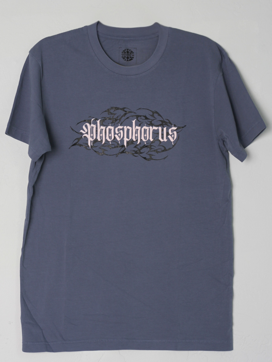 Ocean Blue shirt with 'Ember Tee' logo on a black tribal background.